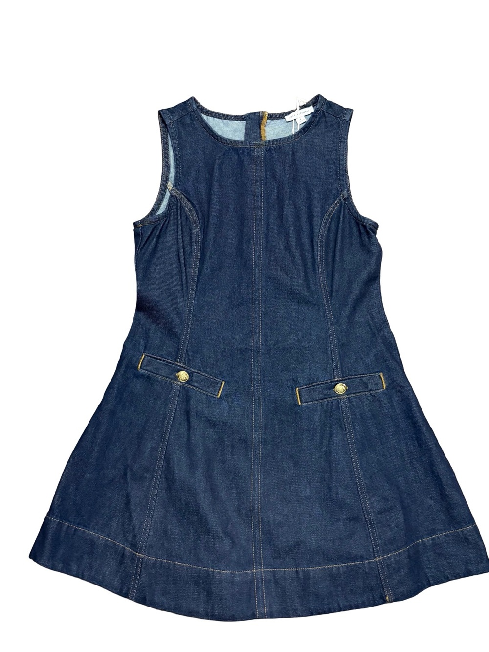 NWT Free Assembly Denim Mini Dress Sleeveless A-Line Dark Wash With Gold Buttons